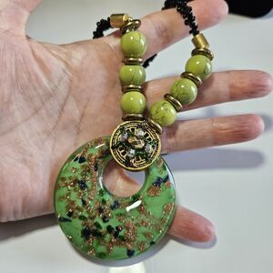 *Sale* Green Gold Blue Murano Glass Pendant Necklace 28"